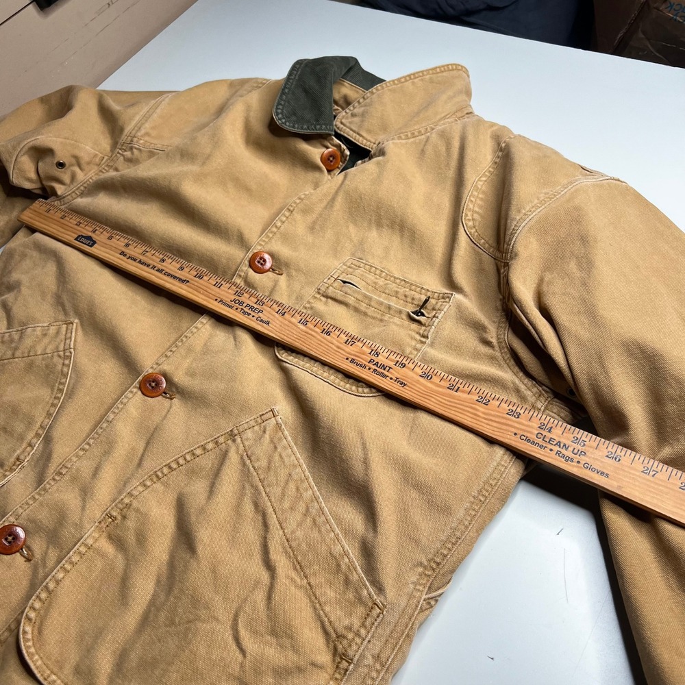 LL Bean Mens Medium Hunting Field Coat Tan Canvas Plaid Lined Corduroy Trim JV93 - Picture 4 of 13